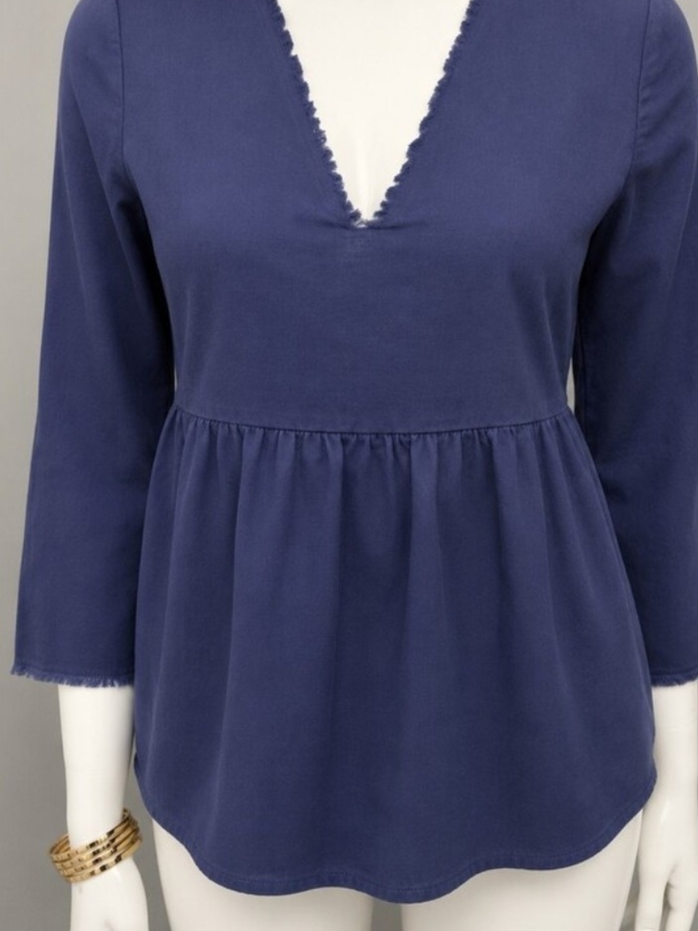 Tavik Navy Blue Fringed V-Neck Babydoll Peplum Blouse 3/4 Sleeve Size Medium